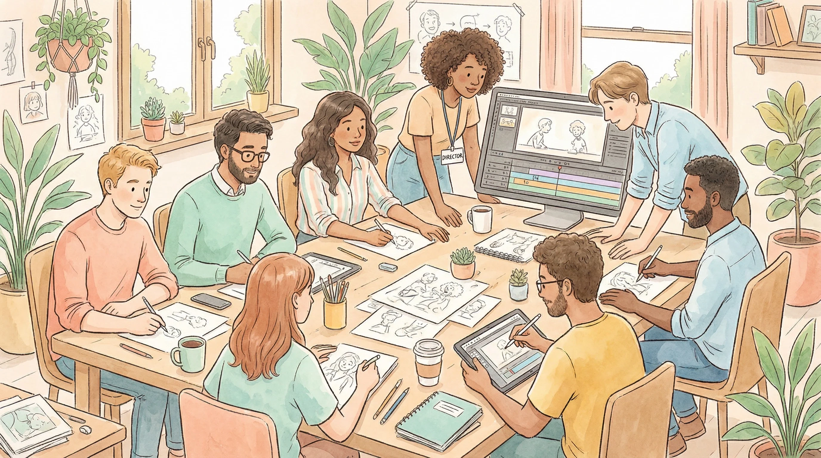 四虎tv创作团队工作场景插画 - 多元化动画创作团队协作