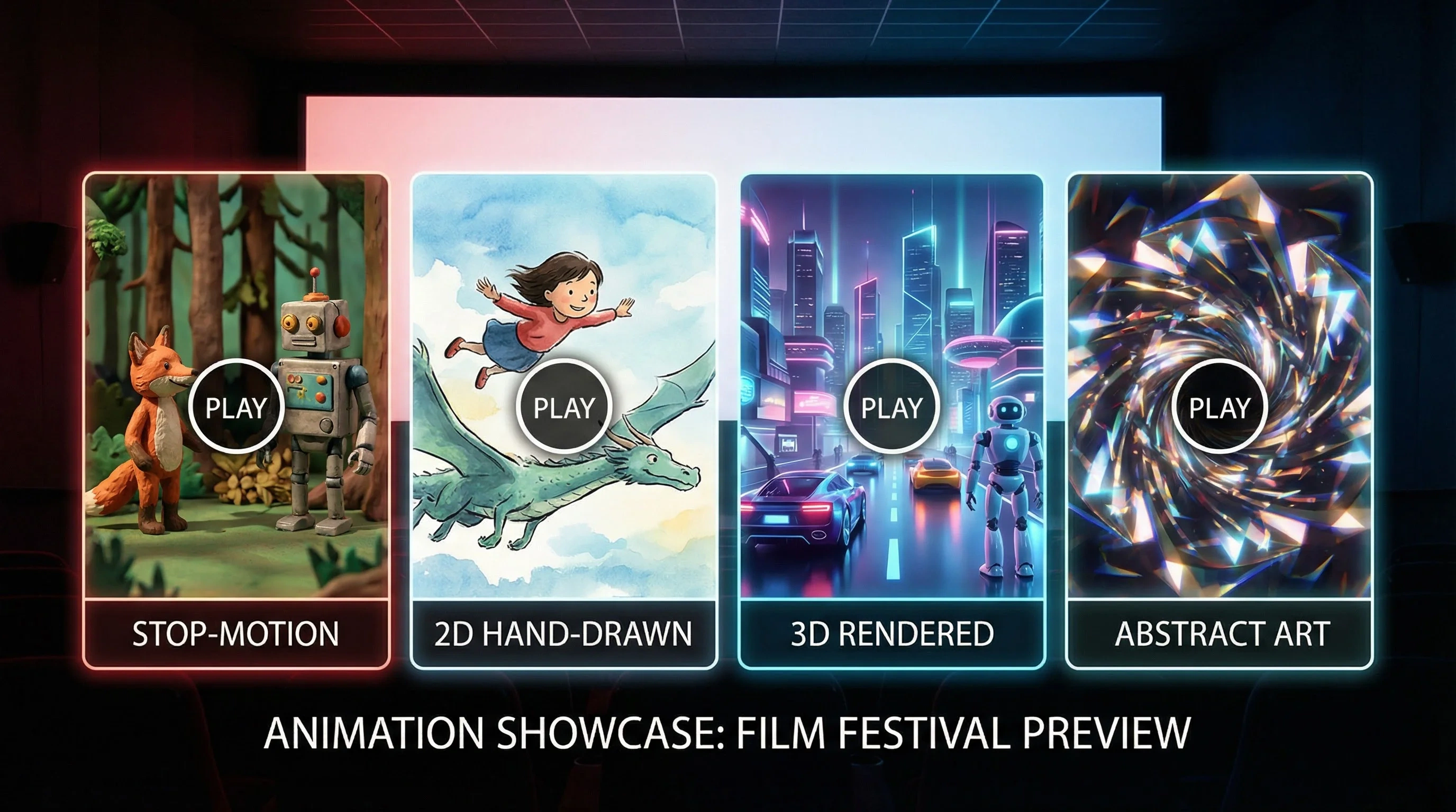 四虎tv动画预告片合集横幅 - 定格动画、2D手绘、3D渲染、抽象艺术四种风格预览